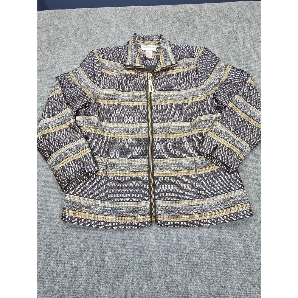 Draper's & Damon's Womens Petite Small Textured Jacket Navy Gold Metallic Zip